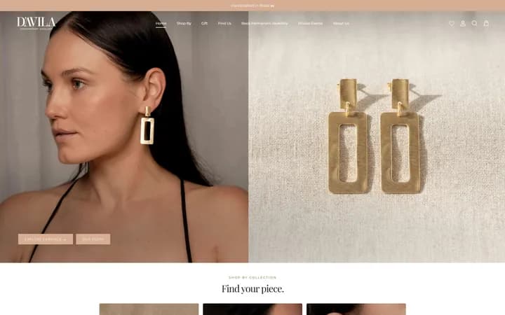 D'ÁVILA homepage pairing a model wearing gold rectangular earrings with a close-up of the earrings, above a Find your piece collection section.