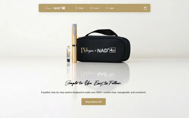 IV League x NAD+ product page showing the at-home kit, a pen and a black travel case, captioned Simple to use. Easy to follow., with a Shop Starter Kit button.