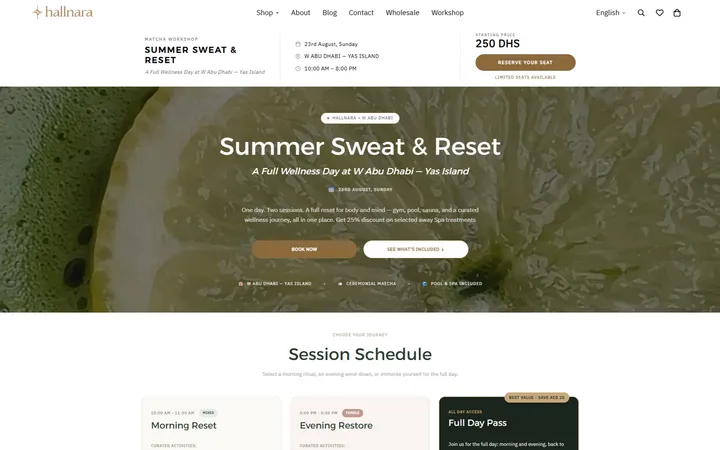 Hallnara event page titled Summer Sweat and Reset, a full wellness day at W Abu Dhabi, with booking buttons and a session schedule listing Morning Reset, Evening Restore and Full Day Pass.