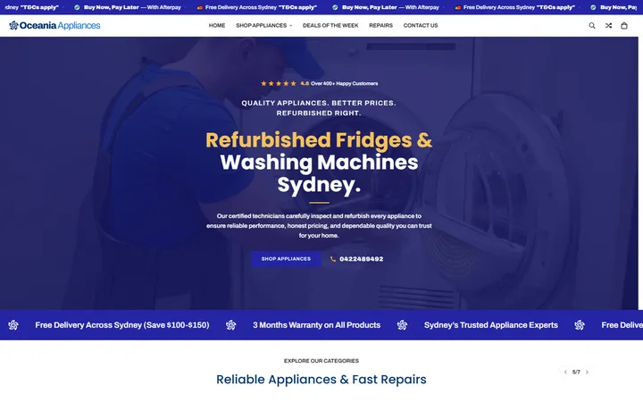 Oceania Appliances homepage with the headline Refurbished Fridges and Washing Machines Sydney, a Shop Appliances button and a Repairs link in the main menu.